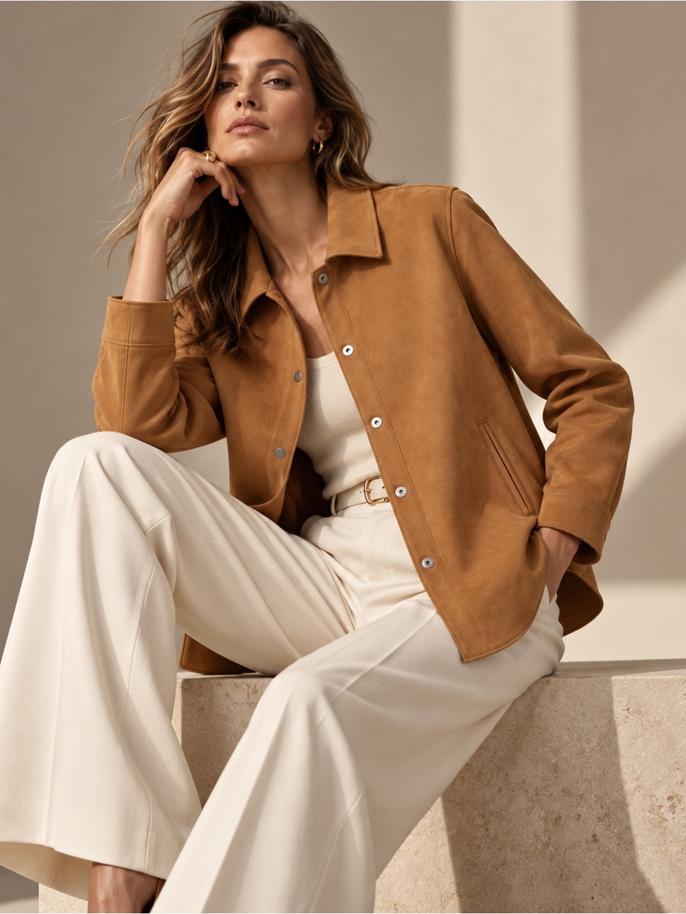 Wynne Layers Stretch Faux Suede Shirt Jacket | Camel Tan | Size Large